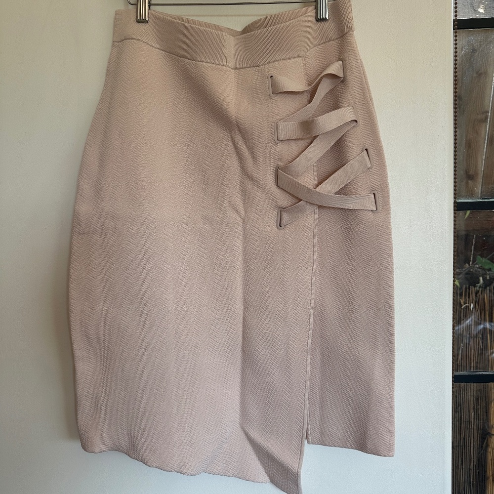 Jonathan Simkhai pink jacquard knit pencil skirt, knit ribbon detail sz L